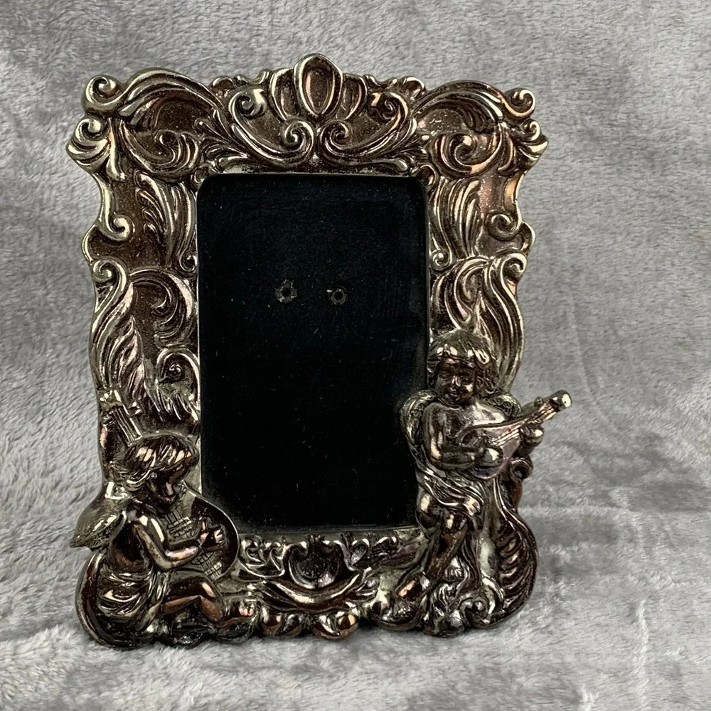 Ornate Art‎ Nouveau Silverplated Picture Frame Heavy Patina Cherubs / Puti